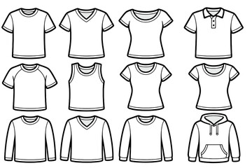 Vector t-shirt template collection. Outlined apparel set with various styles. Includes polo, hoodie, tank top, v-neck and long sleeve shirts for men and women. Fashion mockup.