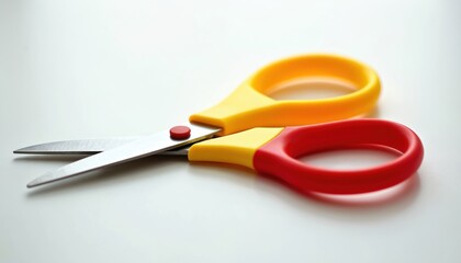 Childs safety scissors with bright yellow and red plastic handles and metal blades. Tools perfect for school, home crafting, and art projects. Essential for kids learning to cut paper safely.