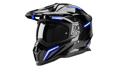 Futuristic motorcycle helmet with illuminating blue accents against a dark background