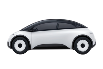 Innovative white electric car showcases modern design with clean lines and advanced technology, isolated on transparent background for clear visualization of its features