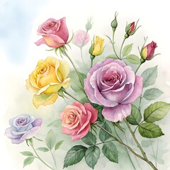 watercolor roses illustration pink purple yellow