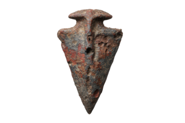 Ancient Stone Arrowhead with Red and Gray Patina on Black Background