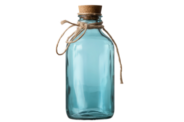 Clear glass bottle with a cork stopper and twine on a transparent background for isolated design purposes and artistic displays