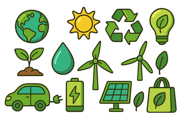 Ecology and sustainability vector icon set. Green renewable energy concepts. Eco friendly symbols like recycle, solar panel, wind turbine, planet earth, and electric car.