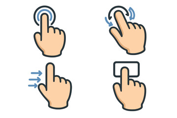 Set of hand gestures for touch screen interface. Vector icons for user guide. Tap, swipe, rotate, press actions. UI and UX design elements for mobile app and web.