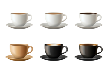 Set of coffee cups arranged in a grid layout showcasing various colors and designs with coffee inside on a transparent background