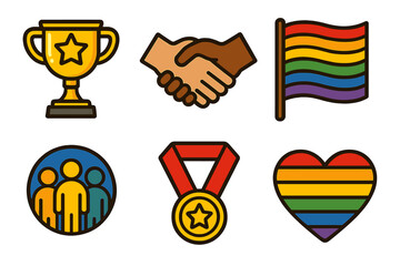 Vector icon set for diversity, inclusion, and LGBTQ pride. Concepts of teamwork, achievement, and equality. Handshake, trophy, medal, gay pride rainbow flag, and heart symbols.