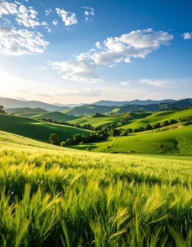 Lush green fields and rolling hills under a vibrant blue sky