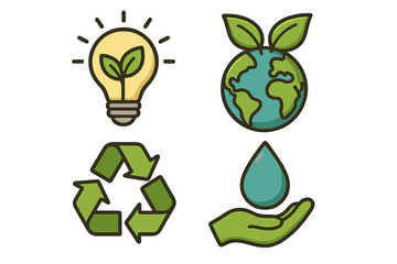 Sustainability icons set. Eco friendly concept. Nature conservation. Recycling symbol. Water preservation. Green energy idea. Ecology. Planet care. Environmental protection.