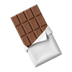 Milk chocolate bar with wrapper partially peeled back isolated on transparent background, a sweet indulgence