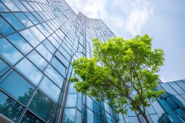 Sustainable green building design showcasing ecofriendly architecture with gigapixel clarity against a bright sky looking upward from ground level