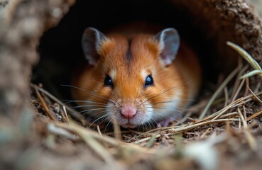Closeup of fluffy European hamster peeking from dark burrow. Cute rodent, commonly known as Cricetus cricetus, rests in underground den surrounded by dry grass, dirt. Brown fur, small bright eyes add