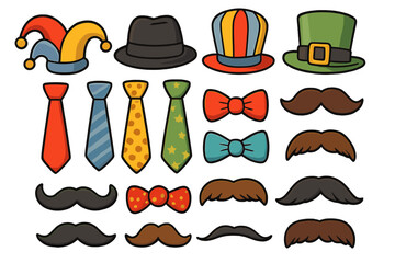 Vector set of party and carnival costume props. Collection of funny cartoon hats, colorful ties, bow ties, and mustaches. Photo booth elements for character creation fun.