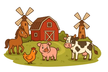 Fotobehang Boerderij Farm animals cartoon illustration set. Cute vector collection with cow, pig, horse, chicken. Rural countryside scene with red barn and windmills. Agriculture farming concept.  © James