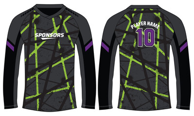 Long sleeve Racing t shirt, Sports jersey design flat sketch illustration, brush stroke pattern Motocross jersey concept with front and back view , Cricket, football, Volleyball uniform kit designs