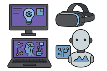 Artificial intelligence and virtual reality concept. Future tech with AI robot, VR headset, and computer. Workspace innovation, machine learning idea, neural network. Vector icon set.