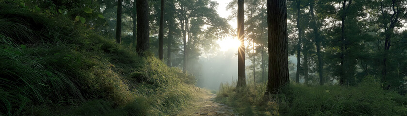 Obraz premium Fake HDR 360 degree panorama of sunrise hiking trail through lush forest nature serene