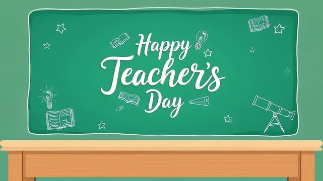 Minimal Teacher&rsquo;s Day poster with chalk typography &ldquo;Happy Teacher&rsquo;s Day&rdquo; on green board, decorated with doodles of books, pencils, light bulb, and graduation cap.