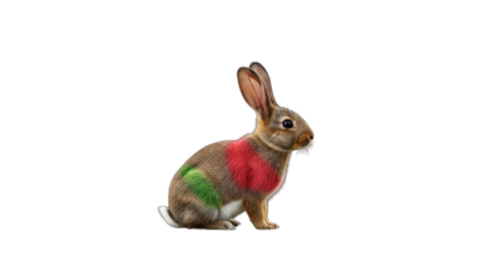 Whimsical artwork depicting a colorful rabbit with vibrant green and red markings on a black