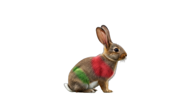Whimsical artwork depicting a colorful rabbit with vibrant green and red markings on a black