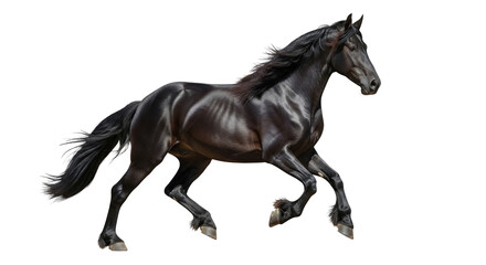 Obraz premium Elegant black stallion in full gallop isolated against a stark black background displaying power