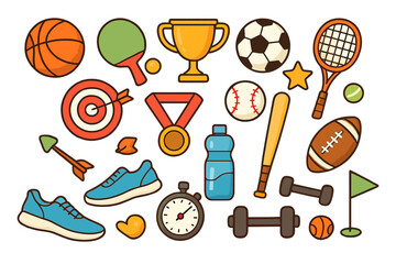 Big set of sport equipment. Vector cartoon icons. Collection of game activity elements. Basketball, football, baseball, tennis, fitness. Dumbbell, medal, trophy cup. Flat illustration.