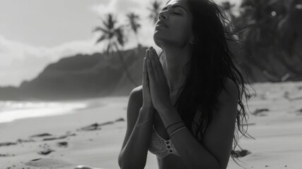 A woman in a bikini praying at sunset on a beach with palm trees in the background.