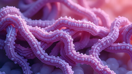 Obraz premium A light micrograph showing two types of fungal hyphae: purple hyphae and intertwined hyphae. 