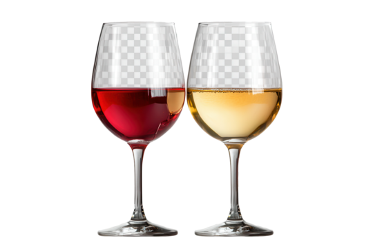 Elegant display of a glass of red wine next to a glass of white wine on a transparent background