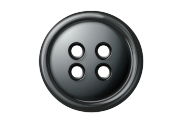 Round black button with four holes isolated on a white background suitable for design and sewing projects
