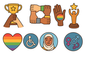 Inclusion and diversity icon set. Symbols of unity, equality, community, lgbtq pride, disability, gender and race. Vector cartoon illustration of hands, awards, and people.
