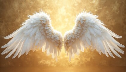 Elegant white angel wings, accented with gold, against textured golden background. Spirituality, purity, divine protection, peace, hope. Features soft feathers, intricate design, radiating light,