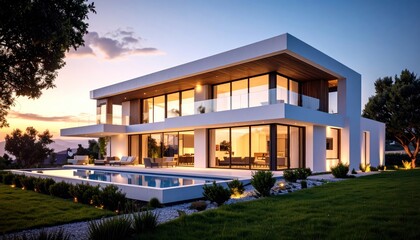 Fototapeta premium Modern Luxury House with Pool at Sunset Real Estate.
