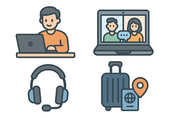 Remote work icon set for digital nomads. Vector concepts of freelancing, working on laptop, virtual meeting, video conference call, support headset, travel luggage & passport.