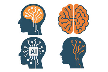 Artificial intelligence concept vector set. Human head silhouette with brain, AI chip, and circuit board. Machine learning, technology, and mind metaphor illustrations.