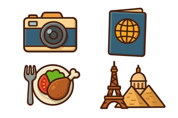 Travel icon set for tourism and vacation. Vector illustration collection includes camera, passport, food, and famous world landmarks like Eiffel Tower and Egypt pyramids.