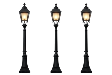 Lamp post set isolated on transparent background showcasing elegant designs suitable for urban landscapes and architectural features at night