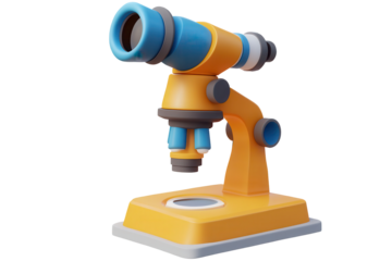 Microscope icon designed in a cartoon plastic style featuring bright colors, ideal for educational materials and scientific illustrations aimed at children or young learners