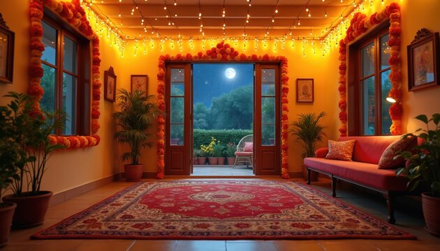 Cozy Indian home interior decorated for Diwali festival. Traditional red rug on floor, colorful garlands and warm lights create festive atmosphere. Open doors reveal moonlit garden scene.