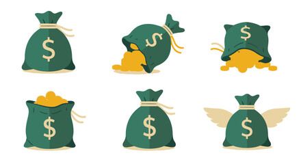 A collection of cartoon green money bags with dollar symbols, showing concepts like wealth, profit, loss, and savings
