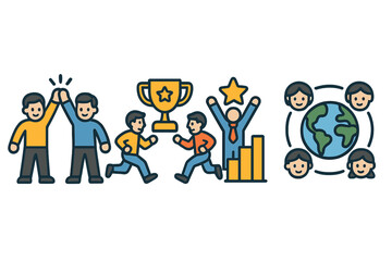 Fototapeta premium Business concepts icon set. Teamwork and partnership, winning competition, career success and growth, global collaboration and community. Vector cartoon infographic elements.