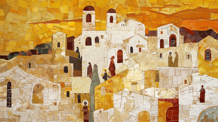 Ancient Roman Town Mosaic: White Buildings and Figures in a Yellow 