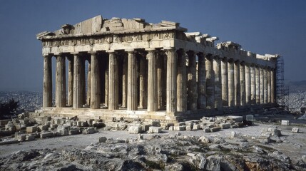 Fototapeta premium Ancient Parthenon ruins, showcasing imposing columns and historical significance against a backdrop of a cityscape.