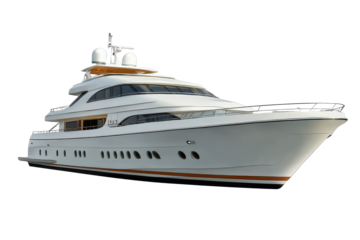 Luxurious yacht designed for ultimate comfort and style, showcasing a sleek white exterior with elegant lines and spacious deck areas for relaxation