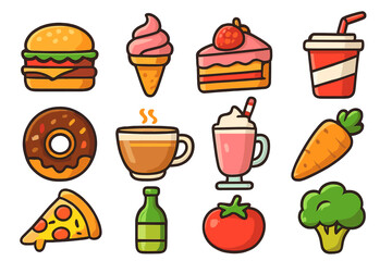 Food icon set flat design cartoon style. Vector collection of fast food, drinks, vegetables and desserts. Burger, pizza, cake, coffee, donut, ice cream and healthy food icons.