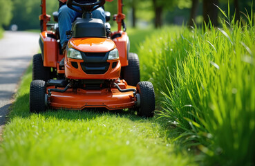 Man operates orange mini tractor lawn mower cutting green grass on residential road. Professional gardening service maintaining lawn care for parks, properties. Summer day, green environment, clean