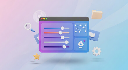3D concept illustration of a modern application interface with customization sliders and graphic design tools for creative projects