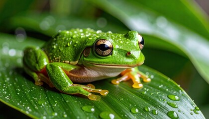 Naklejka premium Green Tree Frog on Leaf with Closeup, Raindrops, Nature, and Wildlife.