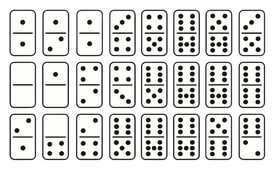 Various domino pieces arranged in an ordered grid, showcasing different combinations of numbers and dots in a vector cartoon illustration with transparent background, classic game tiles set