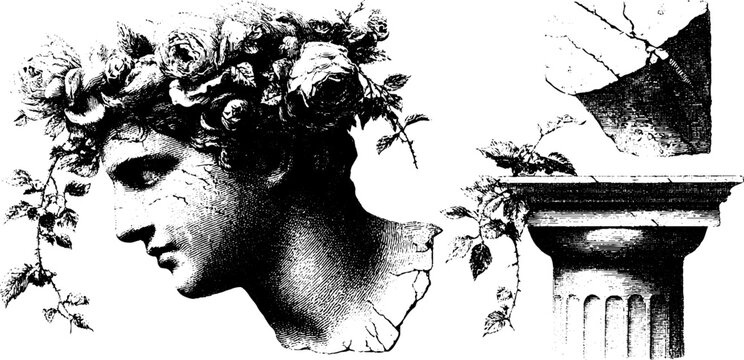 Classical bust with floral wreath and broken column engraving - retro design for art projects